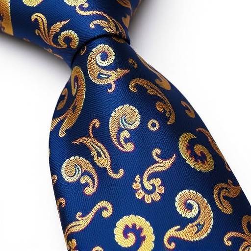 A hand tied silk tie with a subtle paisley pattern in navy and gold.
