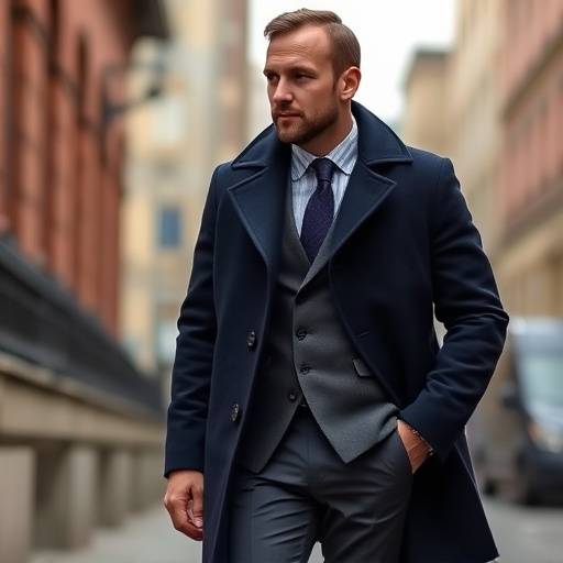 Man wearing a classic navy wool overcoat with a charcoal suit.
